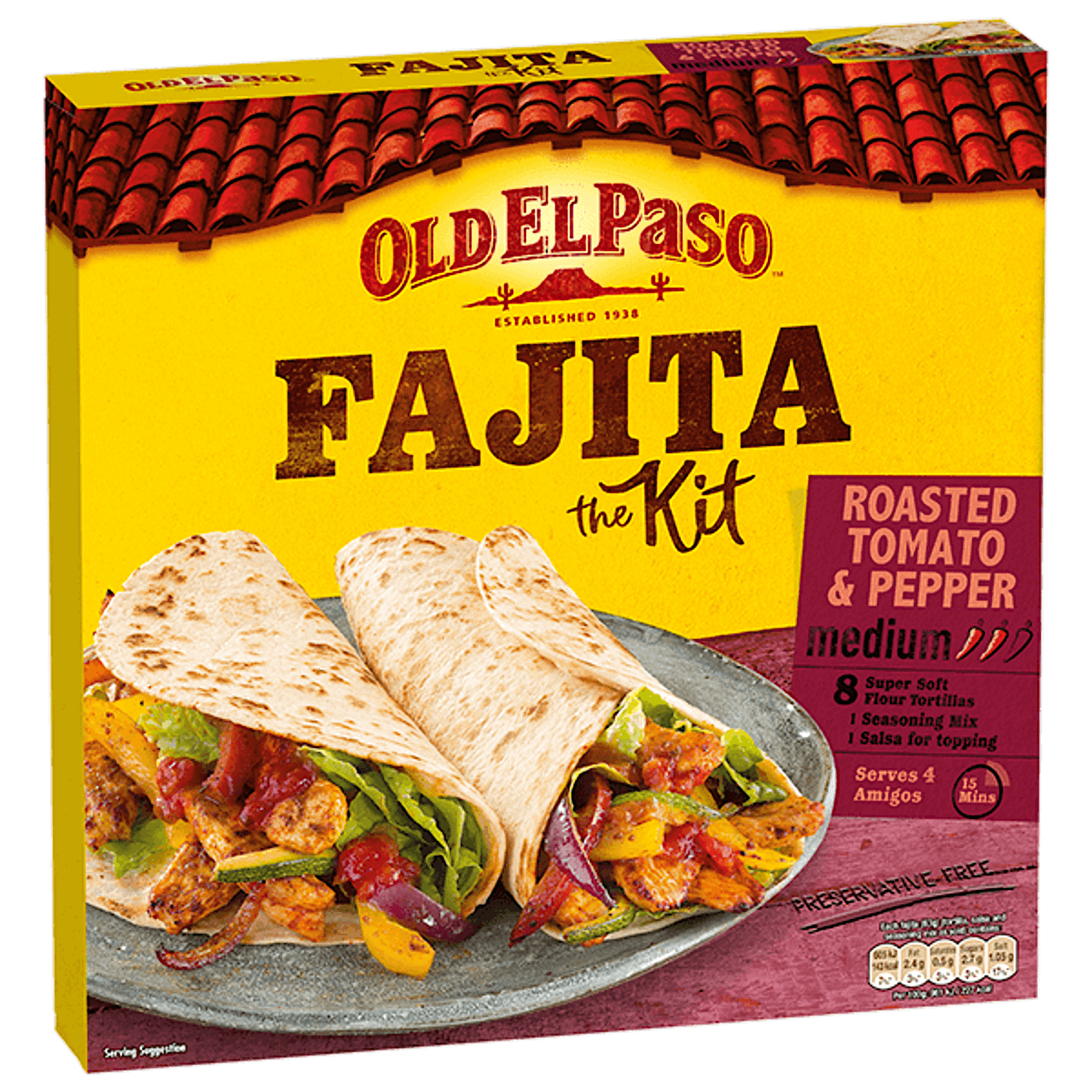 pack of Old El Paso's roasted tomato and pepper fajita kit containing tortillas, spice mix and salsa (500g)
